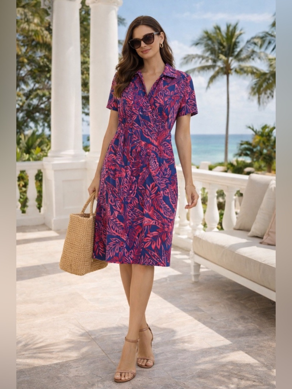 Tori Richard Blue & Pink Tropical Dress 🌴 Resort Luxe Palm Beach Vacation Midi